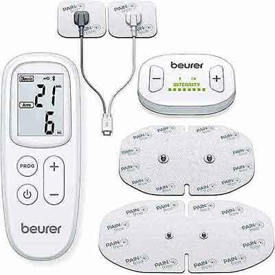 Image of EM 70 main unit, skin electrodes, extension cable and remote control