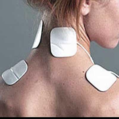 Image of IntelliStim user with skin pads on back of neck and shoulders 