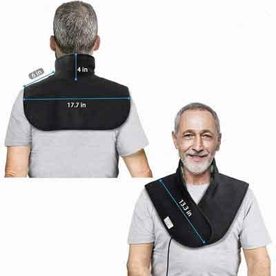 Image of front and back of UTK neck and shoulder heat pad worn by a man 
